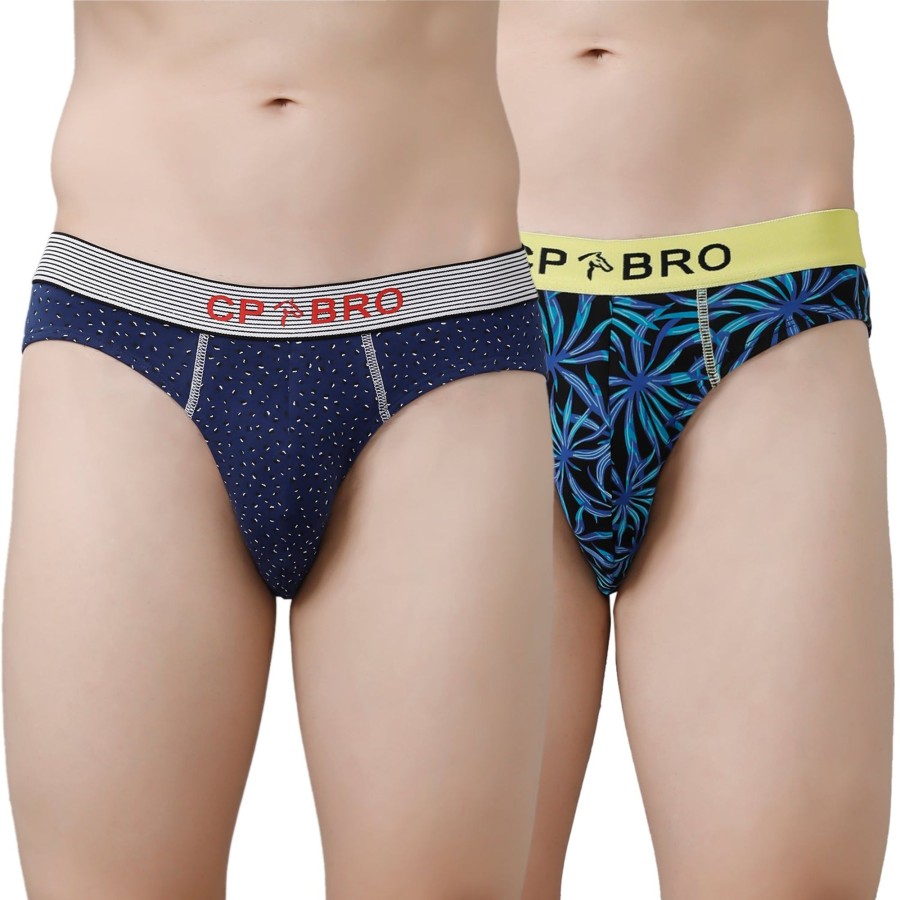 Innerwear CP BRO | Cp Bro Men'S Printed Briefs With Exposed Waistband Value Pack - Navy Dot & Blue Leaf (Pack Of 2)