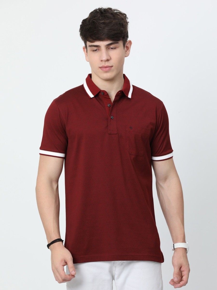 T-Shirts Classic Polo | Classic Polo Mens Cotton Half Sleeves Floral Authentic Fit Polo Neck Maroon Color T-Shirt | Swank - 10 A Af P