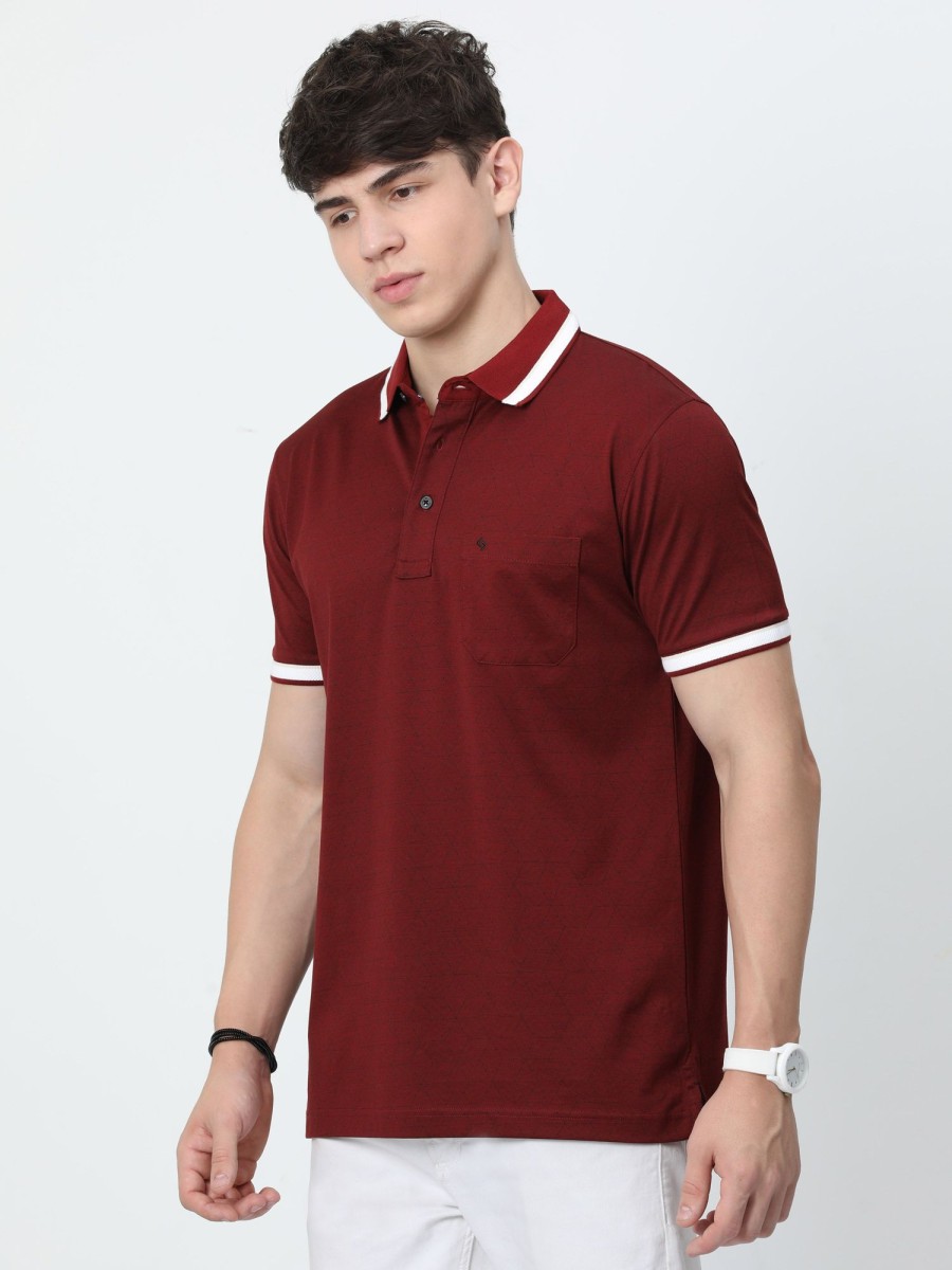 T-Shirts Classic Polo | Classic Polo Mens Cotton Half Sleeves Floral Authentic Fit Polo Neck Maroon Color T-Shirt | Swank - 10 A Af P