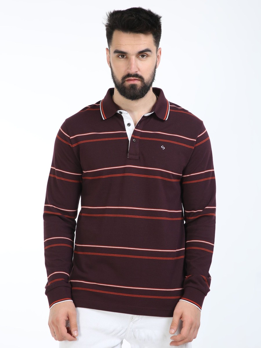 T-Shirts Classic Polo | Classic Polo Mens Cotton Full Sleeve Striped Slim Fit Polo Neck Maroon Color T-Shirt | Verno - 333 B Sf P