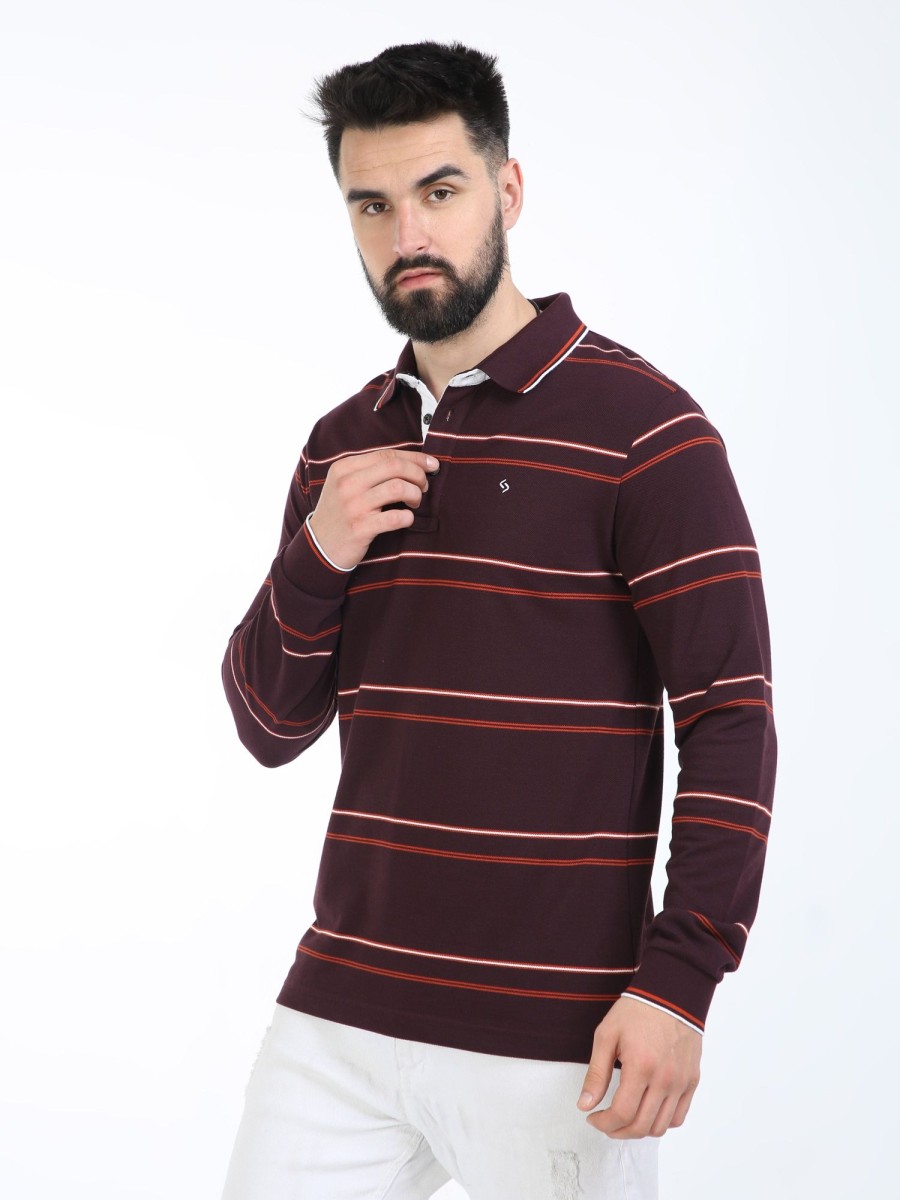 T-Shirts Classic Polo | Classic Polo Mens Cotton Full Sleeve Striped Slim Fit Polo Neck Maroon Color T-Shirt | Verno - 333 B Sf P