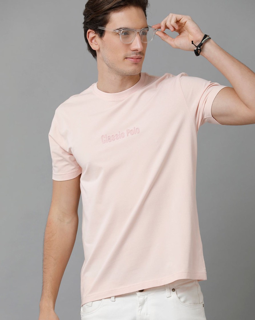 T-Shirts Classic Polo | Classic Polo Men'S Cotton Half Sleeve Solid Slim Fit Round Neck Pink Color T-Shirt | Baleno - 507 A