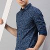 Shirts Classic Polo | Classic Polo Men'S Cotton Full Sleeve Printed Slim Fit Polo Neck Navy Color Woven Shirt | So1-01 A