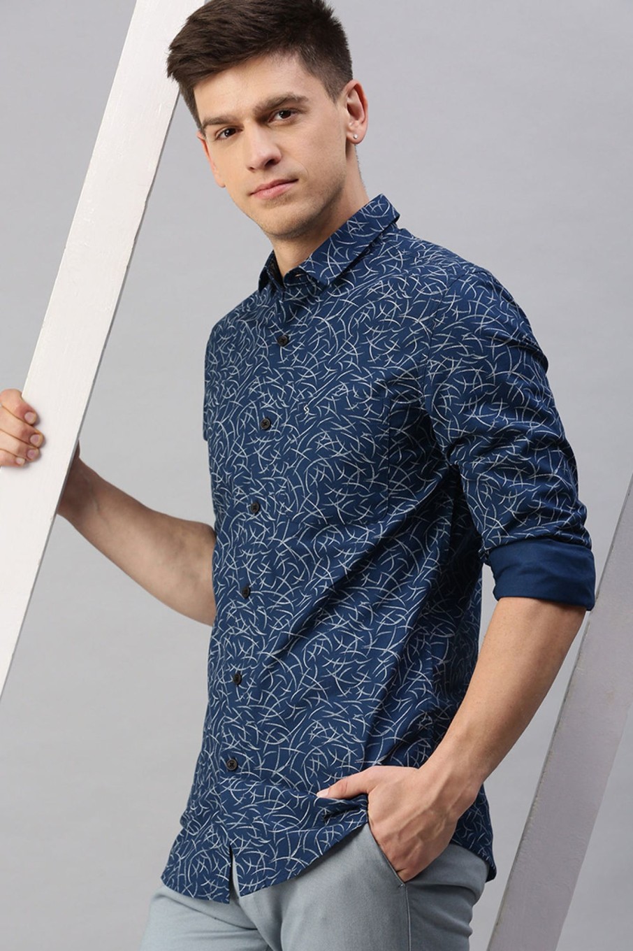 Shirts Classic Polo | Classic Polo Men'S Cotton Full Sleeve Printed Slim Fit Polo Neck Navy Color Woven Shirt | So1-01 A