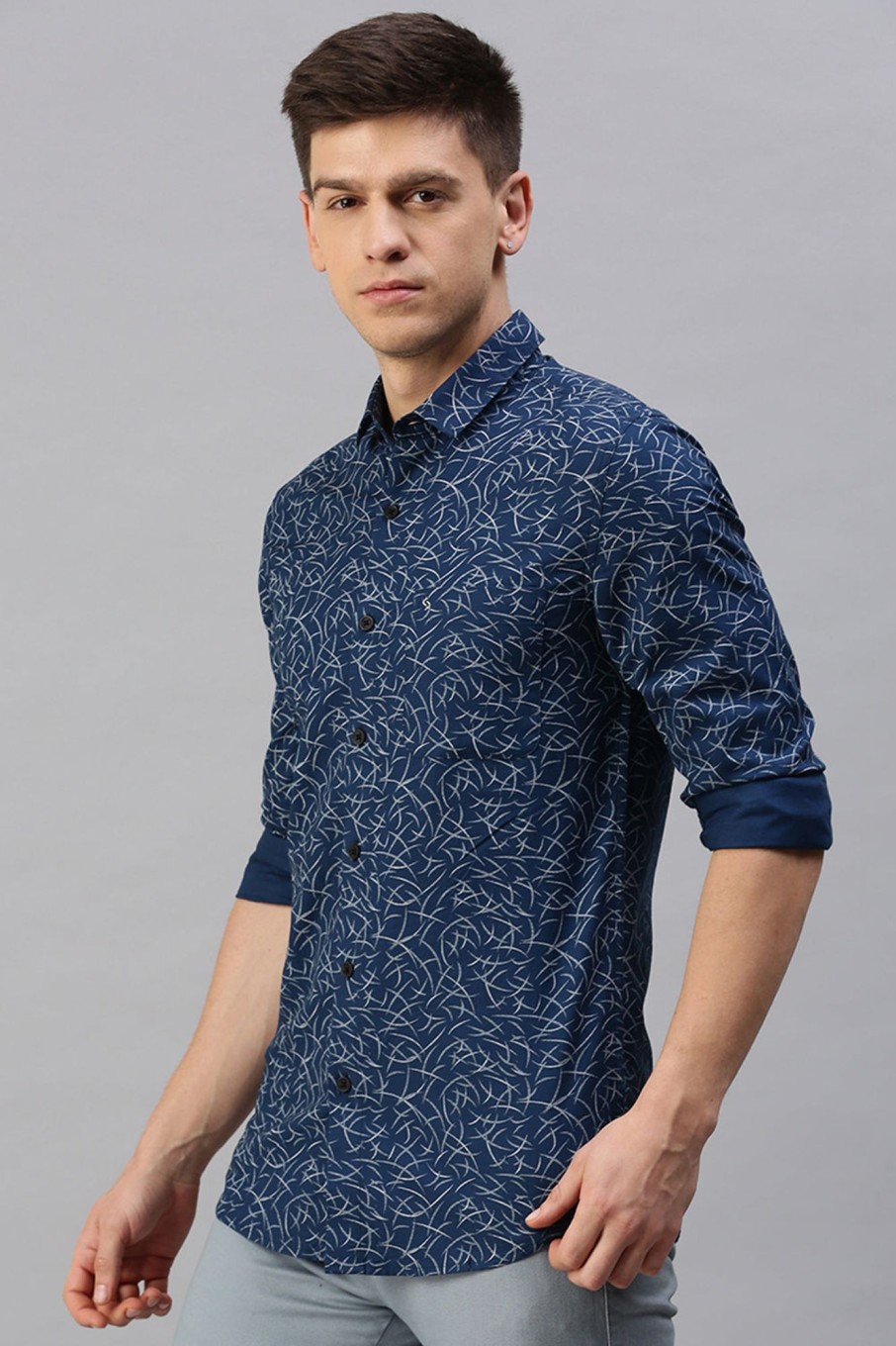 Shirts Classic Polo | Classic Polo Men'S Cotton Full Sleeve Printed Slim Fit Polo Neck Navy Color Woven Shirt | So1-01 A