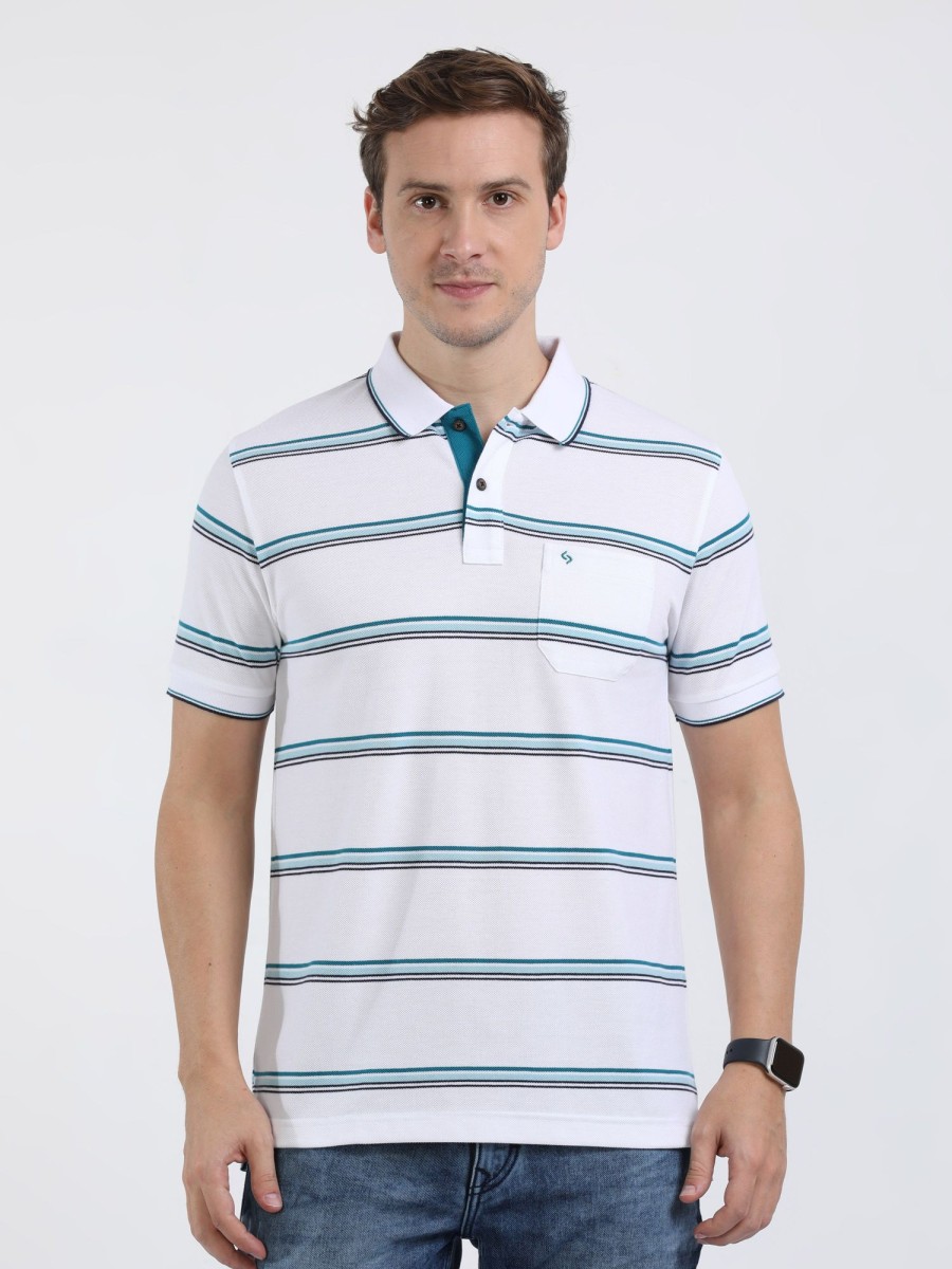 T-Shirts Classic Polo | Classic Polo Mens Cotton Half Sleeves Striped Slim Fit Polo Neck White Color T-Shirt | Adore - 206 A Sf P