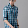 Shirts Classic Polo | Classic Polo Men'S Cotton Checked Full Sleeve Slim Fit Polo Neck Blue Color Woven Shirt | Sn2-73 B