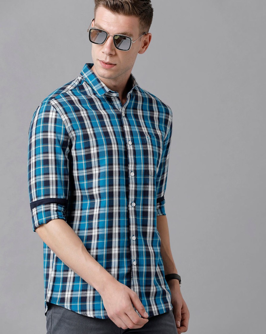 Shirts Classic Polo | Classic Polo Men'S Cotton Checked Full Sleeve Slim Fit Polo Neck Blue Color Woven Shirt | Sn2-73 B