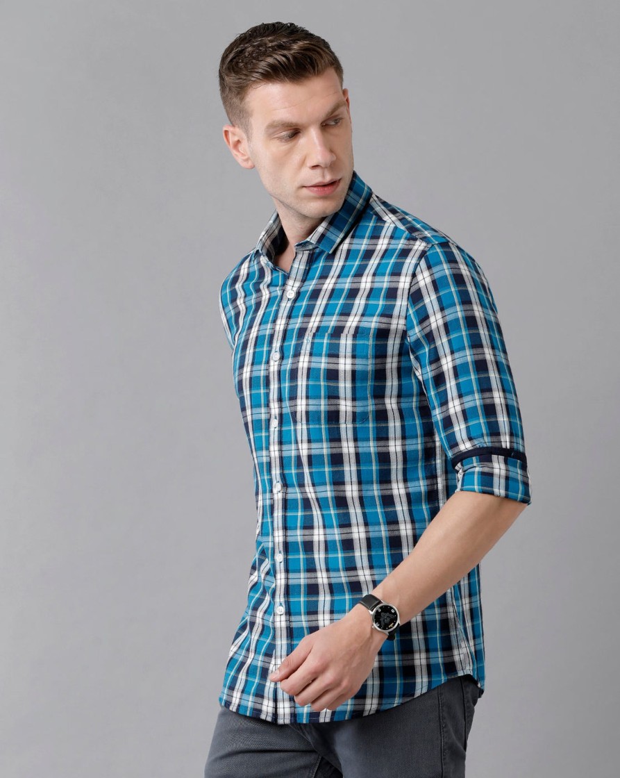 Shirts Classic Polo | Classic Polo Men'S Cotton Checked Full Sleeve Slim Fit Polo Neck Blue Color Woven Shirt | Sn2-73 B