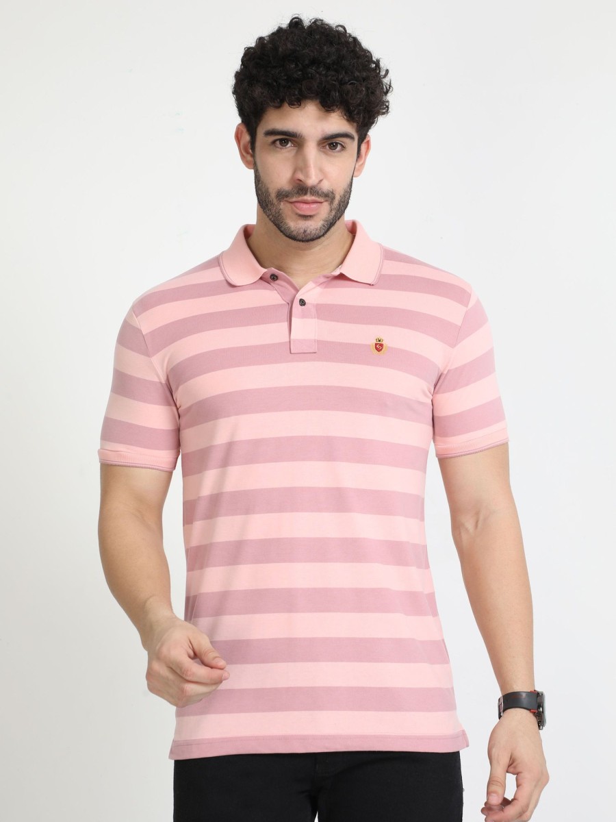 T-Shirts Classic Polo | Classic Polo Mens Cotton Half Sleeves Striped Slim Fit Polo Neck Peach Color T-Shirt | Cpeg - 308 A Sf P