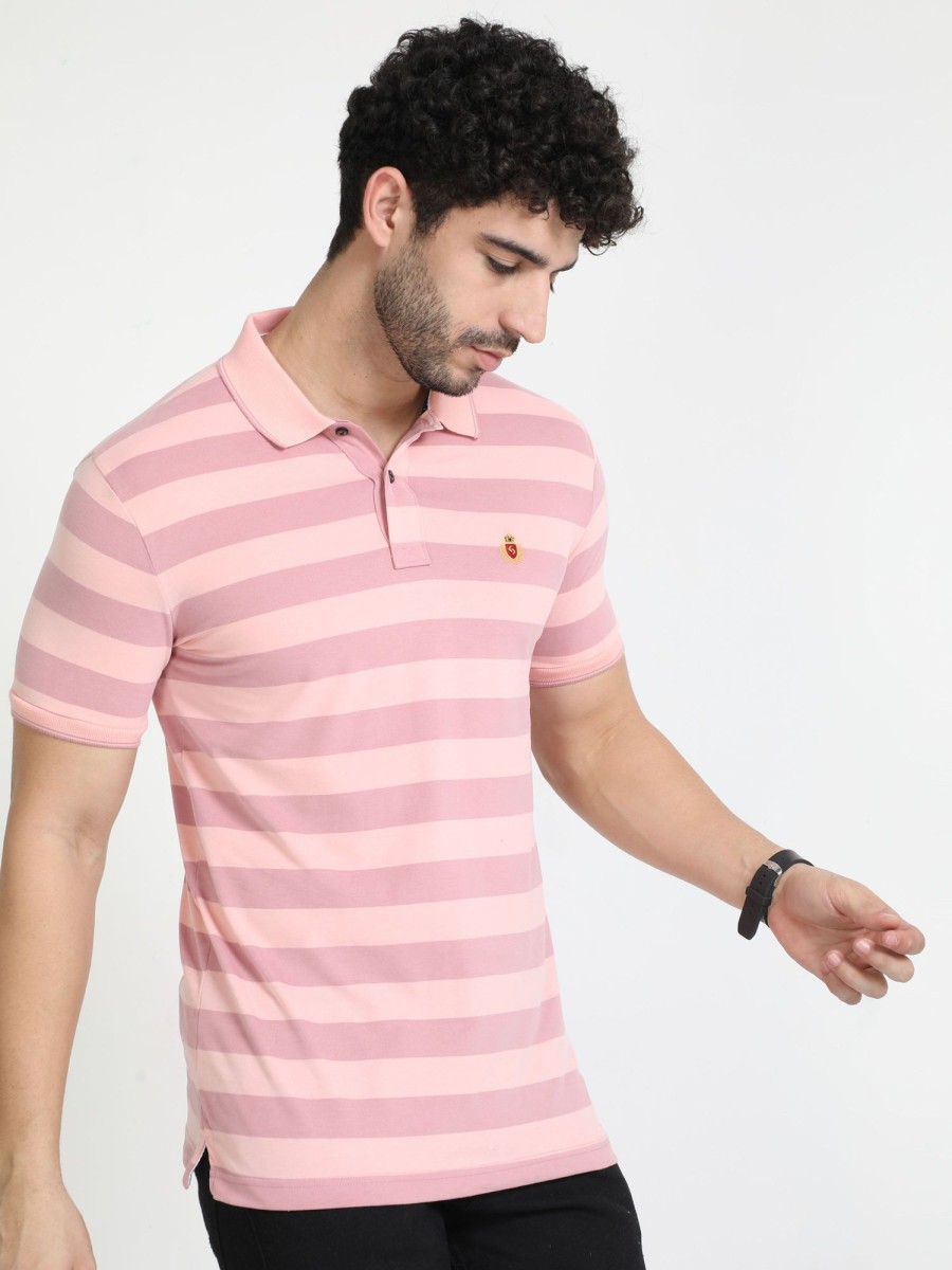 T-Shirts Classic Polo | Classic Polo Mens Cotton Half Sleeves Striped Slim Fit Polo Neck Peach Color T-Shirt | Cpeg - 308 A Sf P