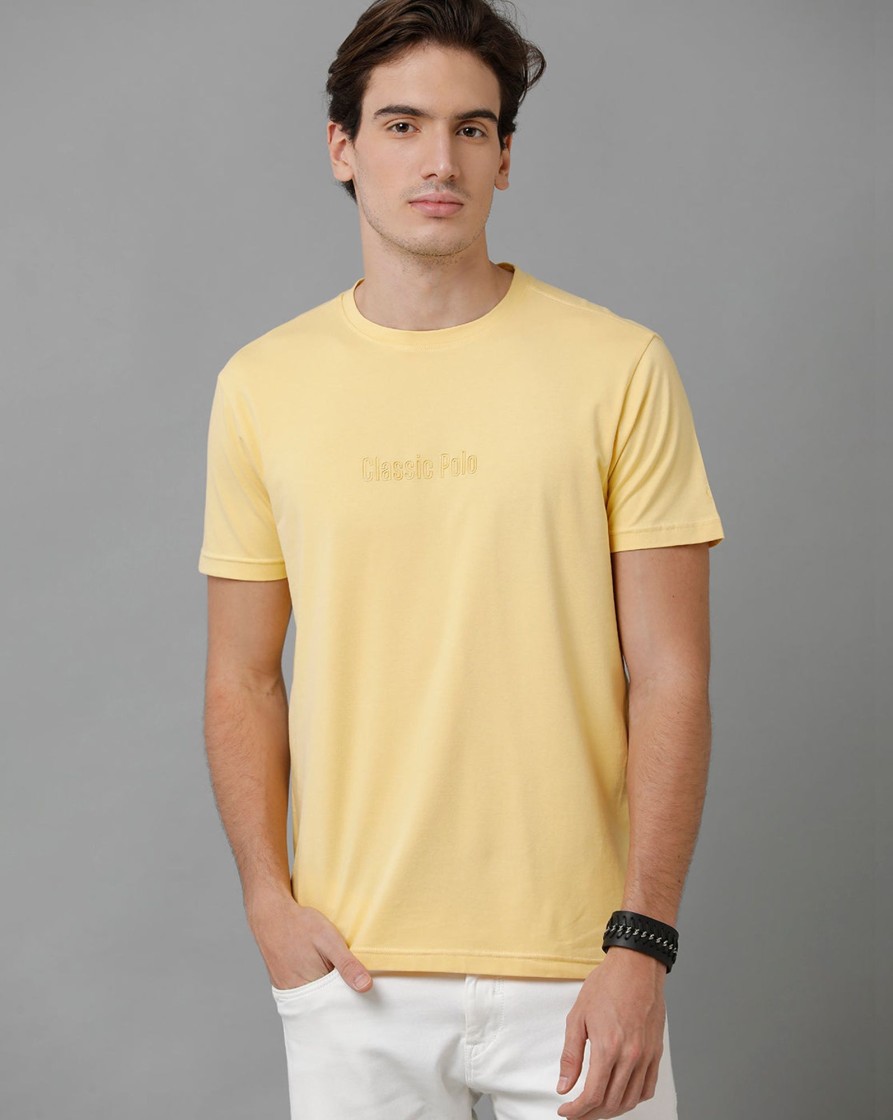 T-Shirts Classic Polo | Classic Polo Men'S Cotton Half Sleeve Solid Slim Fit Round Neck Yellow Color T-Shirt | Baleno - 507 B