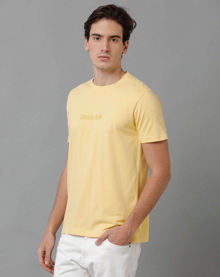 T-Shirts Classic Polo | Classic Polo Men'S Cotton Half Sleeve Solid Slim Fit Round Neck Yellow Color T-Shirt | Baleno - 507 B