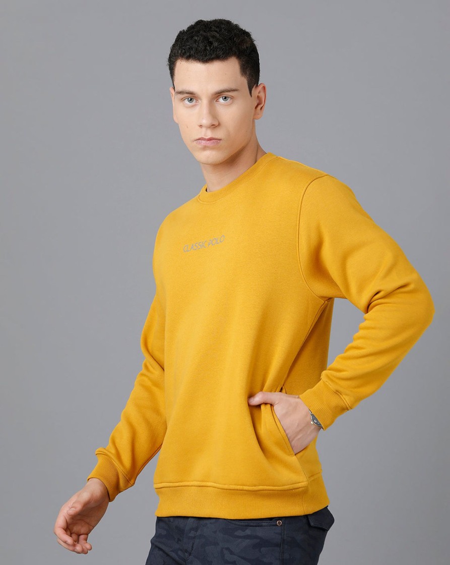 T-Shirts Classic Polo | Classic Polo Mens Cotton Blend Full Sleeve Solid Slim Fit Yellow Color Round Neck Sweat Shirt | Cpss - 414 G