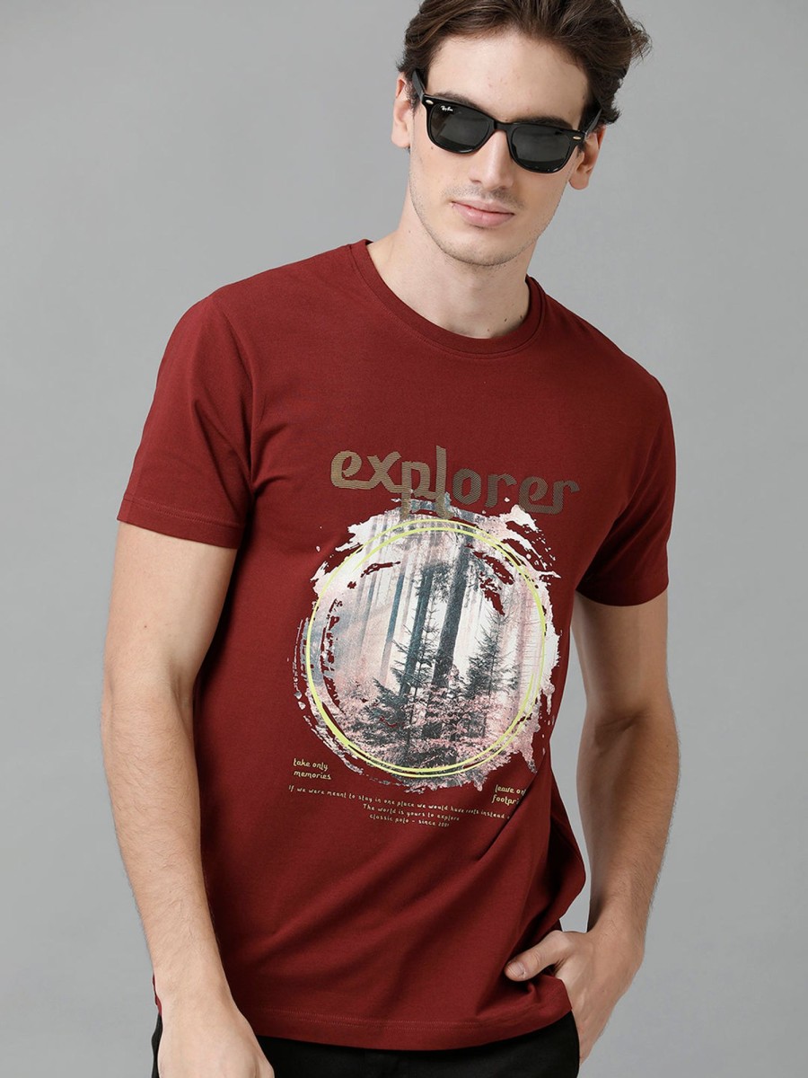 T-Shirts Classic Polo | Classic Polo Men'S Cotton Printed Half Sleeve Slim Fit Round Neck Maroon Color T-Shirt | Baleno - 505 B