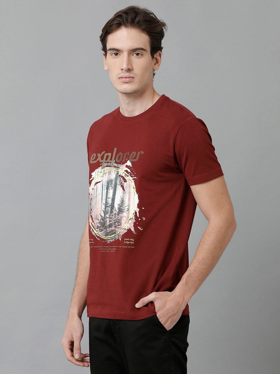 T-Shirts Classic Polo | Classic Polo Men'S Cotton Printed Half Sleeve Slim Fit Round Neck Maroon Color T-Shirt | Baleno - 505 B