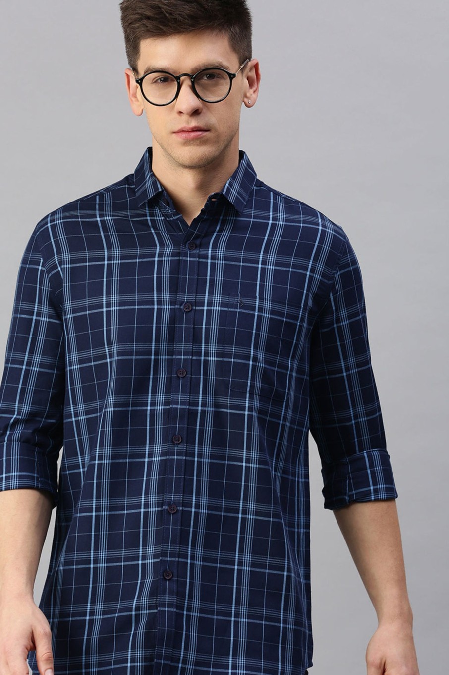 Shirts Classic Polo | Classic Polo Men'S Cotton Full Sleeve Checked Slim Fit Polo Neck Navy Color Woven Shirt | So1-102 A