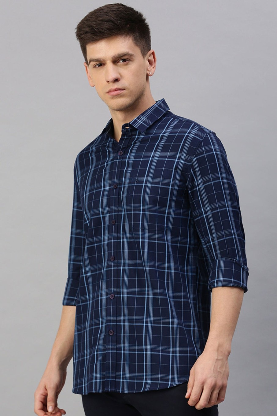 Shirts Classic Polo | Classic Polo Men'S Cotton Full Sleeve Checked Slim Fit Polo Neck Navy Color Woven Shirt | So1-102 A