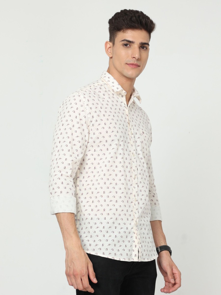 Shirts Classic Polo | Classic Polo Mens Cotton Full Sleeve Printed Slim Fit Polo Neck Cream Color Woven Shirt | So1-14 B-Fs-Prt