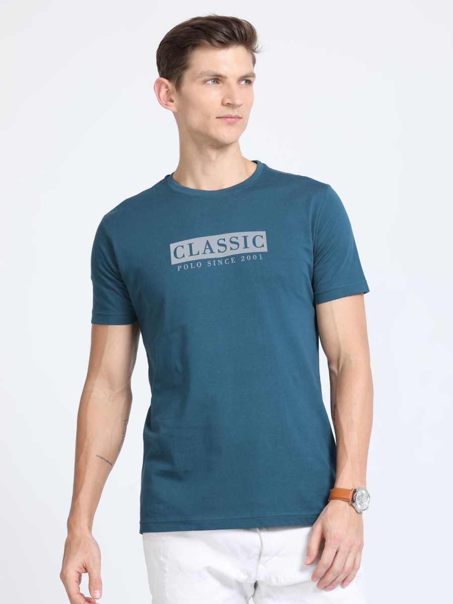 T-Shirts Classic Polo | Classic Polo Mens Cotton Half Sleeves Printed Slim Fit Crew Neck Blue Color T-Shirt | Baleno - 564 B Sf C