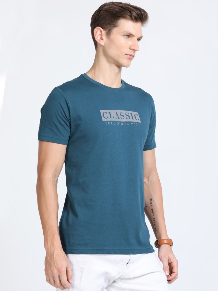 T-Shirts Classic Polo | Classic Polo Mens Cotton Half Sleeves Printed Slim Fit Crew Neck Blue Color T-Shirt | Baleno - 564 B Sf C