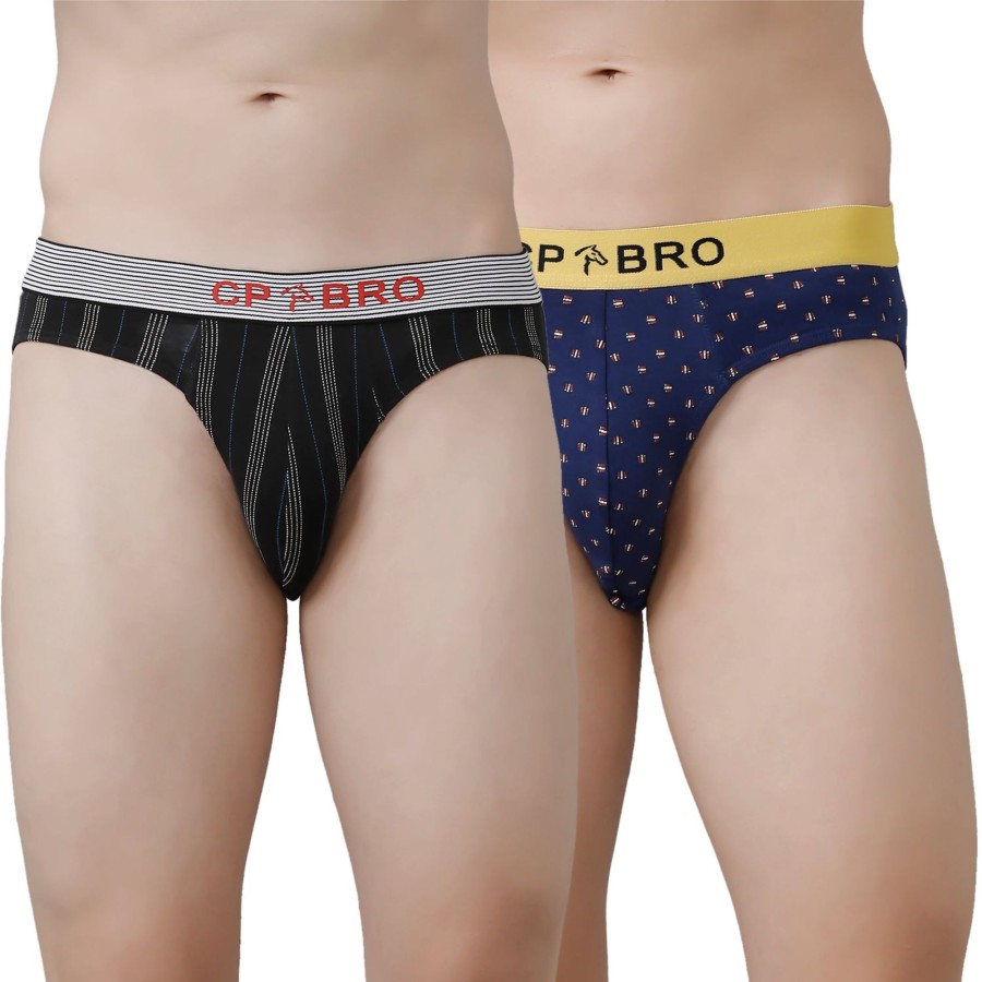 Innerwear CP BRO | Cp Bro Men'S Printed Briefs With Exposed Waistband Value Pack - Black Stripe & Navy (Pack Of 2)