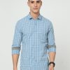 Shirts Classic Polo | Classic Polo Men'S Cotton Full Sleeve Checked Slim Fit Polo Neck Blue Color Woven Shirt | So1-106 A