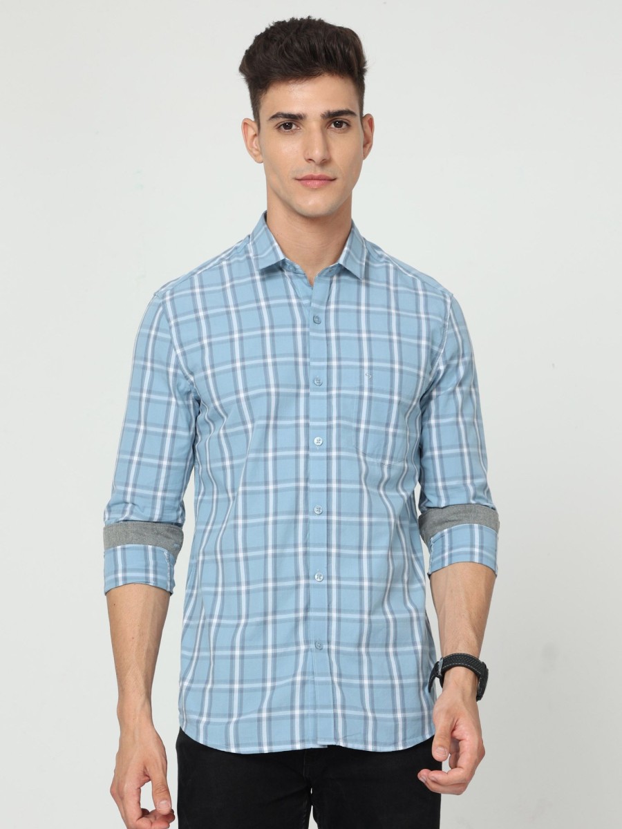 Shirts Classic Polo | Classic Polo Men'S Cotton Full Sleeve Checked Slim Fit Polo Neck Blue Color Woven Shirt | So1-106 A