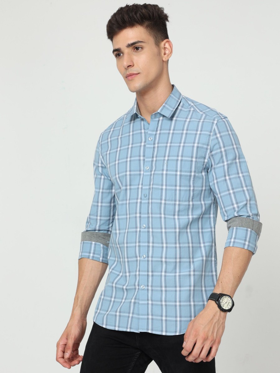 Shirts Classic Polo | Classic Polo Men'S Cotton Full Sleeve Checked Slim Fit Polo Neck Blue Color Woven Shirt | So1-106 A