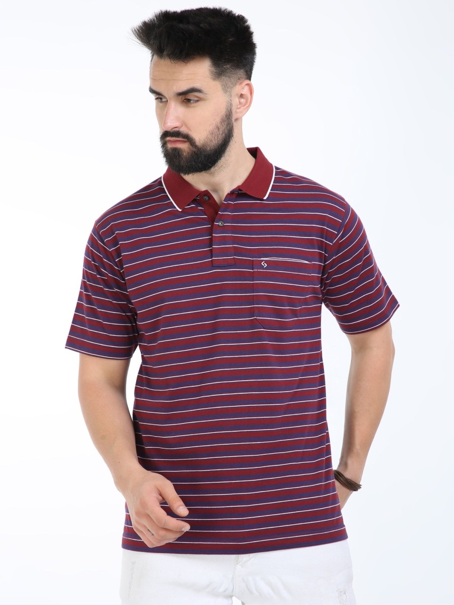 T-Shirts Classic Polo | Classic Polo Mens Cotton Half Sleeves Striped Authentic Fit Polo Neck Maroon Color T-Shirt | Feeders-239 B Af P