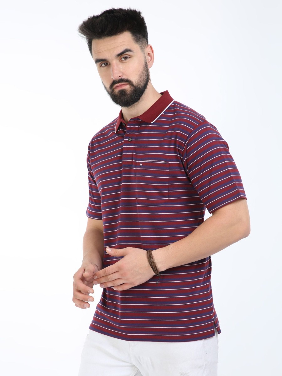 T-Shirts Classic Polo | Classic Polo Mens Cotton Half Sleeves Striped Authentic Fit Polo Neck Maroon Color T-Shirt | Feeders-239 B Af P