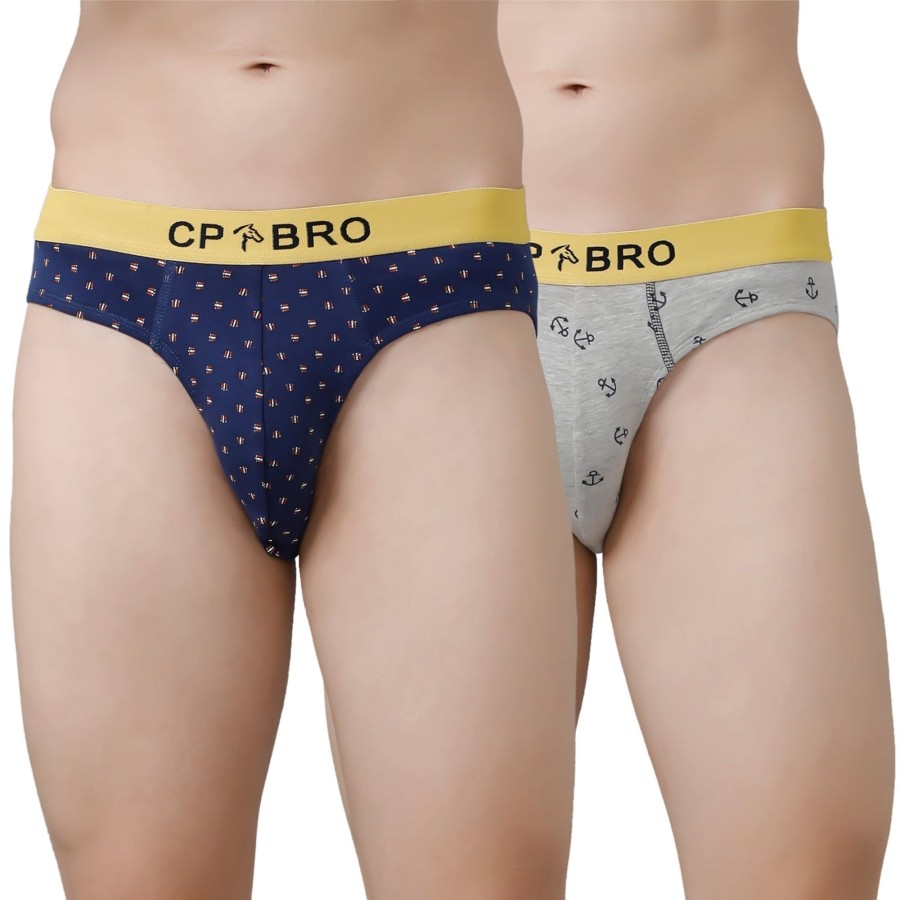 Innerwear CP BRO | Cp Bro Men'S Printed Briefs With Exposed Waistband Value Pack - Navy & Grey Anchor (Pack Of 2)