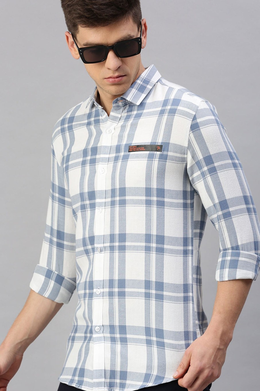 Shirts CP BRO | Cp Bro Men'S Cotton Full Sleeve Checked Slim Fit Polo Neck White Color Woven Shirt | Sbo1-53 A