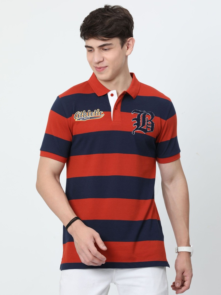 T-Shirts Classic Polo | Classic Polo Mens Cotton Half Sleeves Striped Slim Fit Polo Neck Red Color T-Shirt | Brp - 395 B Sf P