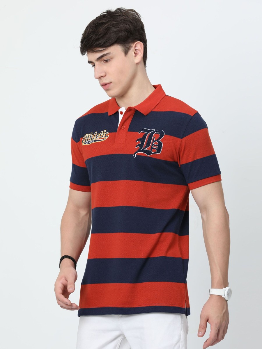 T-Shirts Classic Polo | Classic Polo Mens Cotton Half Sleeves Striped Slim Fit Polo Neck Red Color T-Shirt | Brp - 395 B Sf P