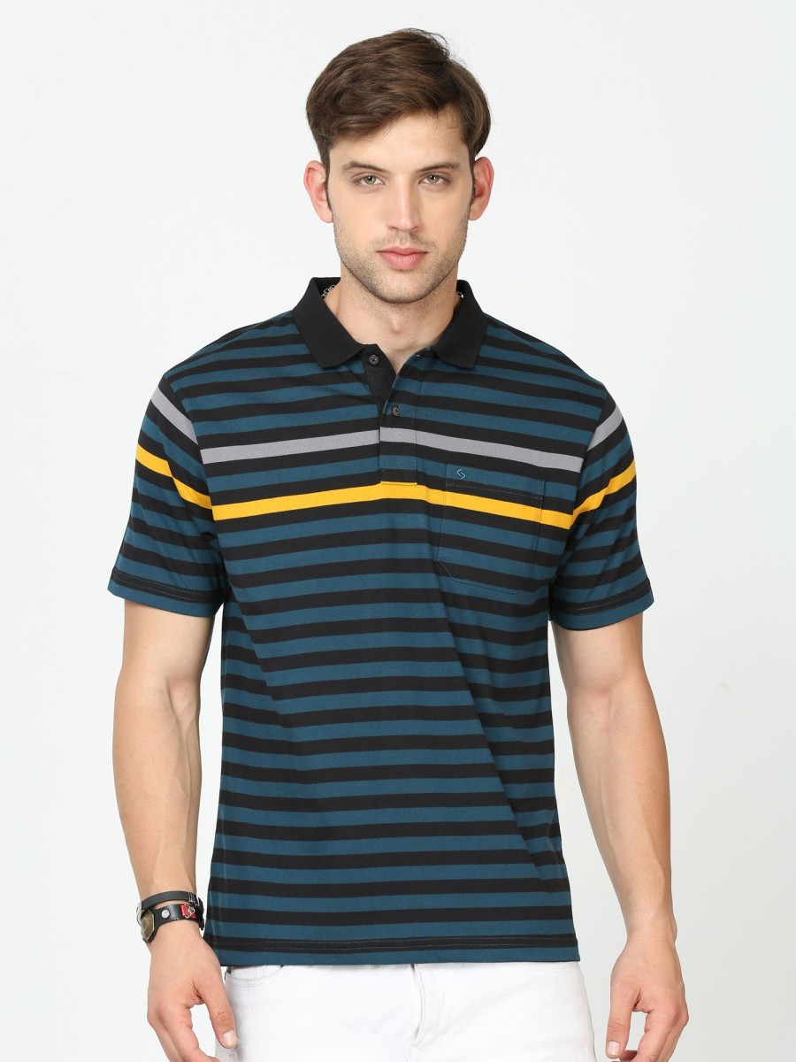 T-Shirts Classic Polo | Classic Polo Mens Cotton Half Sleeves Striped Authentic Fit Polo Neck Black Color T-Shirt | Avon - 550 B Af P