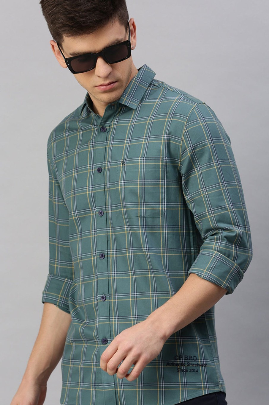 Shirts CP BRO | Cp Bro Men'S Cotton Full Sleeve Checked Slim Fit Polo Neck Green Color Woven Shirt | Sbo1-27 A