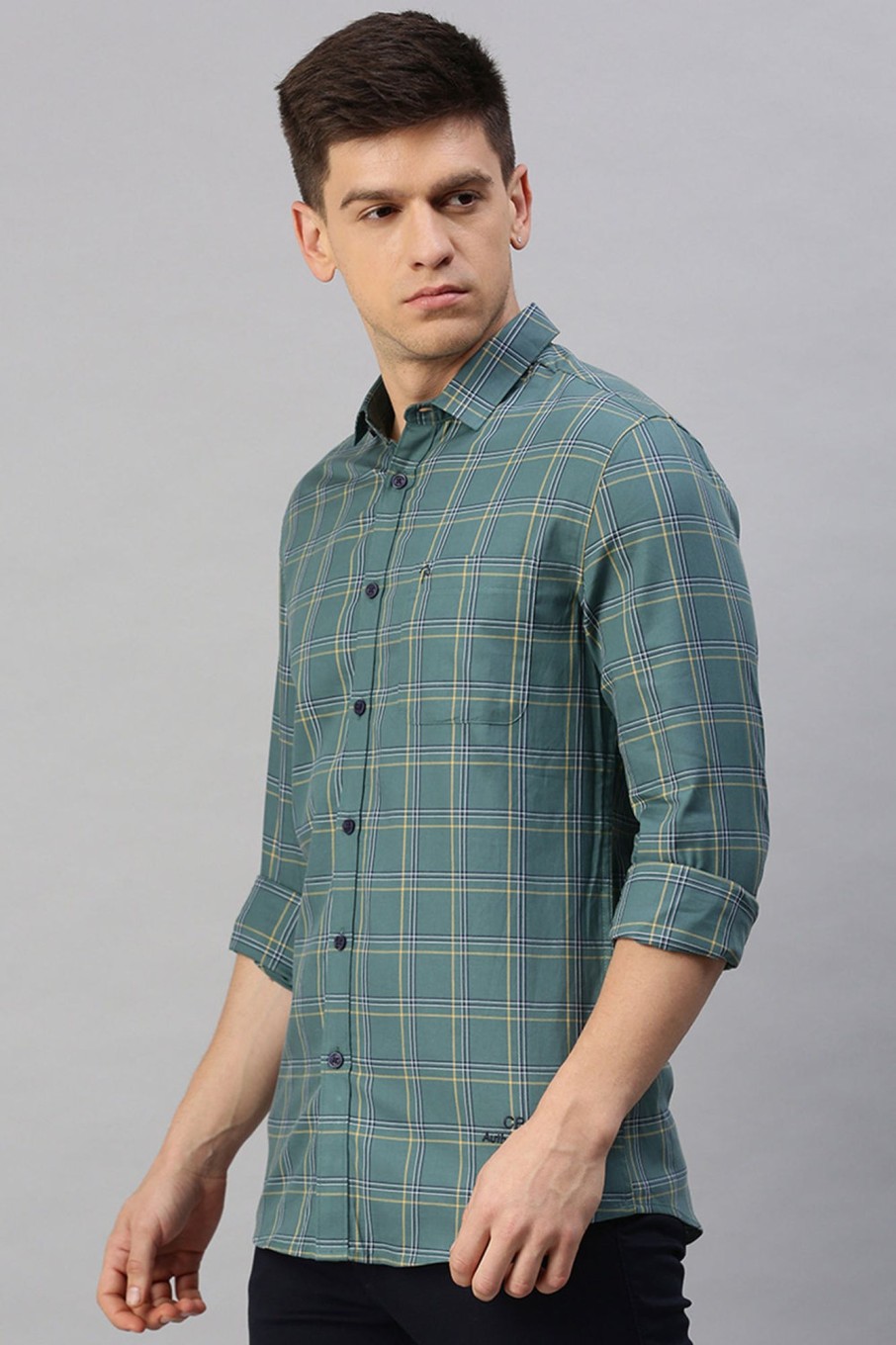 Shirts CP BRO | Cp Bro Men'S Cotton Full Sleeve Checked Slim Fit Polo Neck Green Color Woven Shirt | Sbo1-27 A