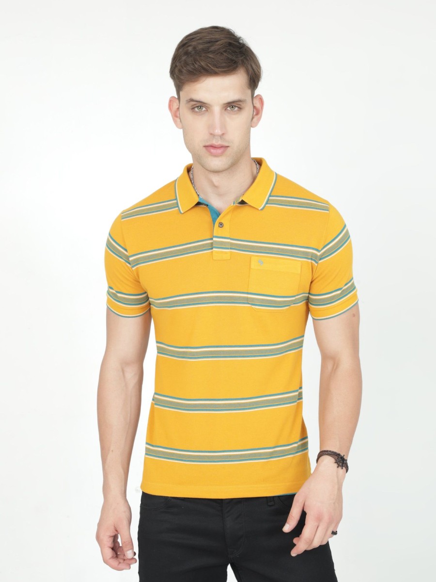 T-Shirts Classic Polo | Classic Polo Mens Casual Mustard Striped Cotton T-Shirt | F-Adore - 103 A Sf P