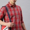 Shirts Classic Polo | Classic Polo Men'S Cotton Full Sleeve Checked Slim Fit Polo Neck Red Color Woven Shirt | So1-93 B