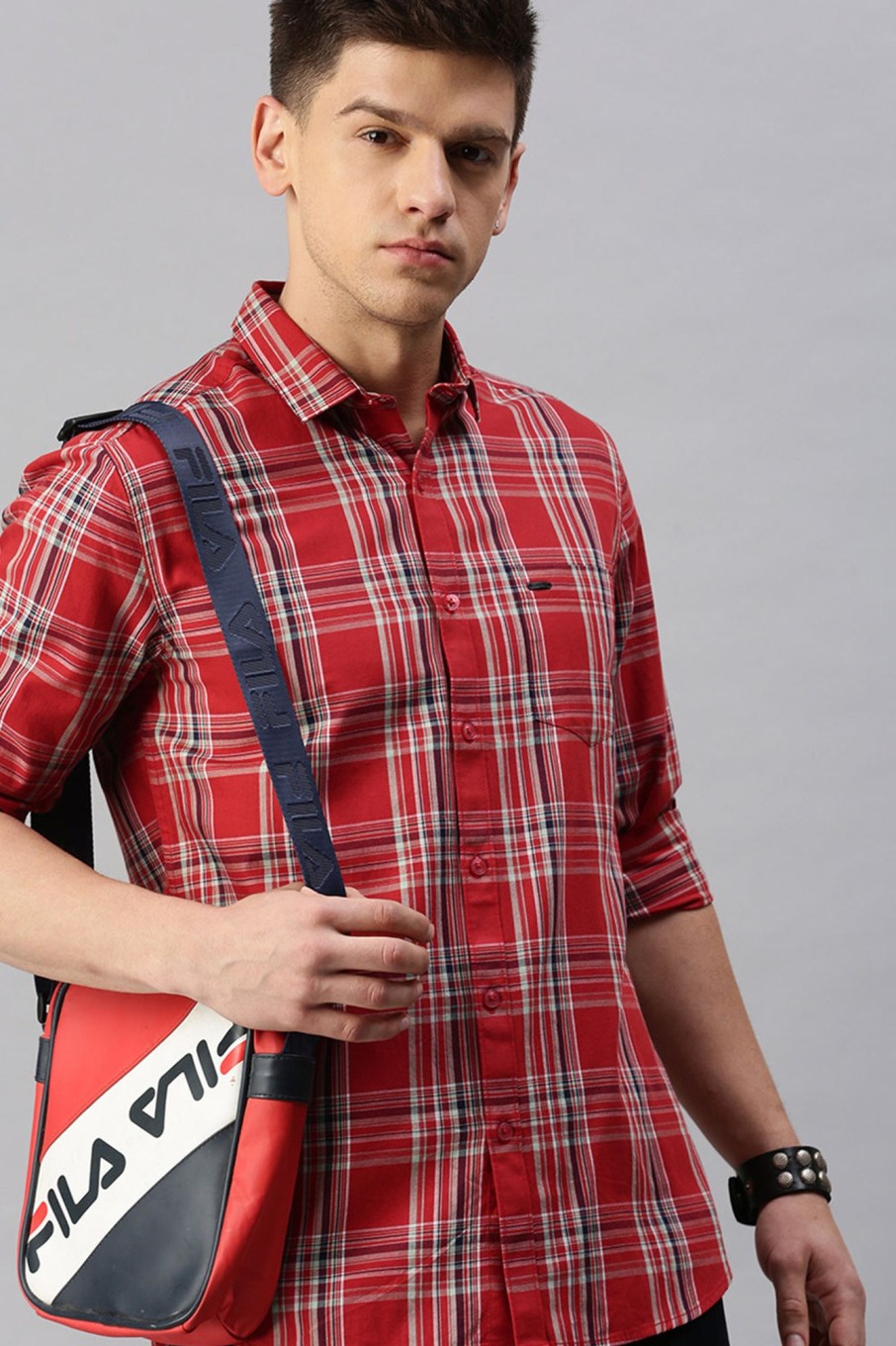 Shirts Classic Polo | Classic Polo Men'S Cotton Full Sleeve Checked Slim Fit Polo Neck Red Color Woven Shirt | So1-93 B