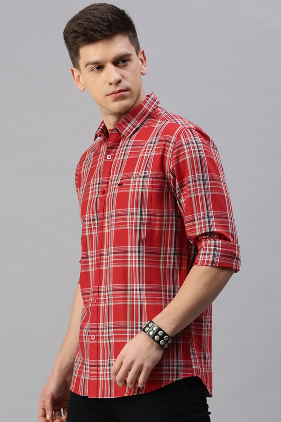 Shirts Classic Polo | Classic Polo Men'S Cotton Full Sleeve Checked Slim Fit Polo Neck Red Color Woven Shirt | So1-93 B