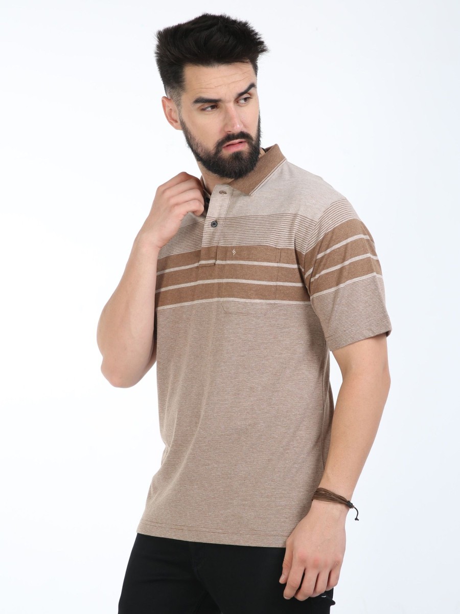 T-Shirts Classic Polo | Classic Polo Mens Cotton Half Sleeves Striped Authentic Fit Polo Neck Cream Color T-Shirt | Mel - 242 B Af P