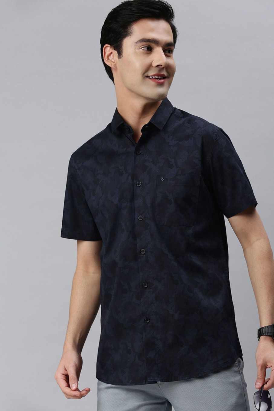 Shirts Classic Polo | Classic Polo Men'S Cotton Half Sleeve Printed Slim Fit Polo Neck Navy Color Woven Shirt | So1-11 C