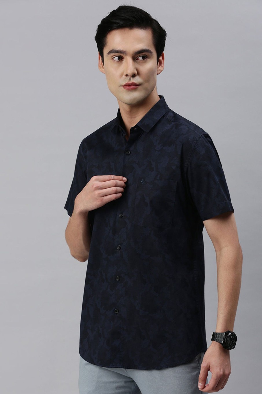 Shirts Classic Polo | Classic Polo Men'S Cotton Half Sleeve Printed Slim Fit Polo Neck Navy Color Woven Shirt | So1-11 C