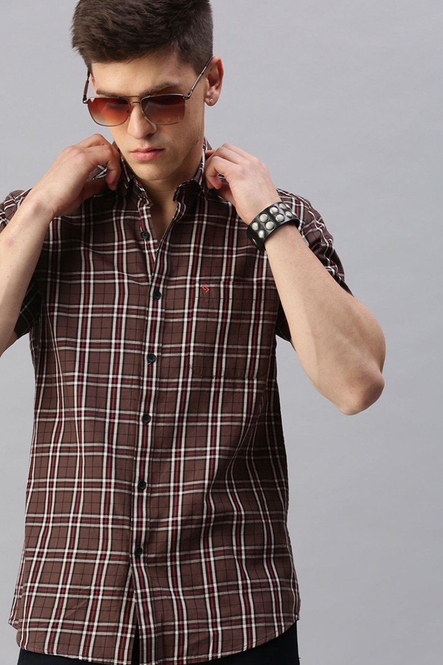 Shirts Classic Polo | Classic Polo Men'S Cotton Half Sleeve Checked Slim Fit Polo Neck Maroon Color Woven Shirt | So1-04 A