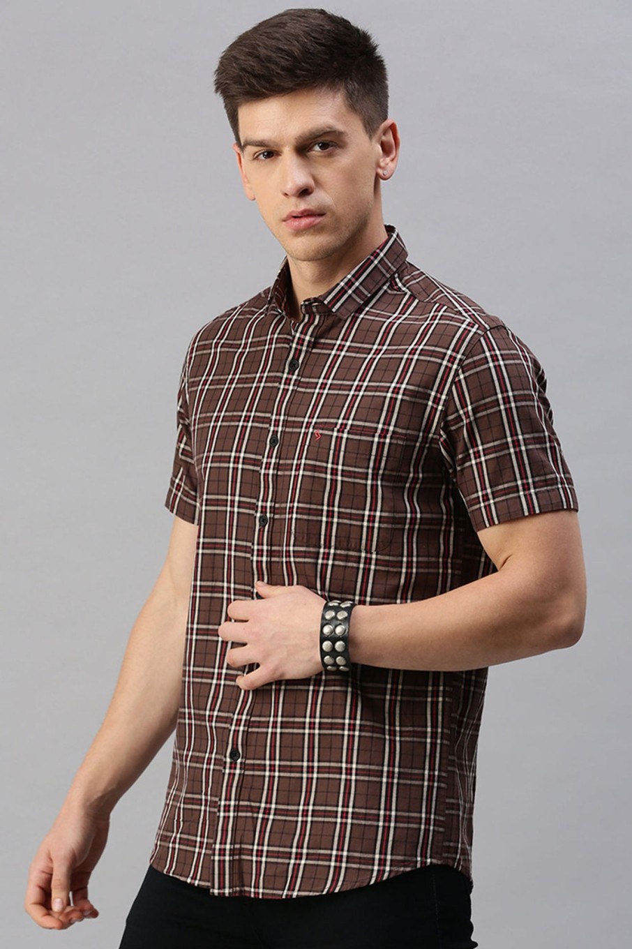 Shirts Classic Polo | Classic Polo Men'S Cotton Half Sleeve Checked Slim Fit Polo Neck Maroon Color Woven Shirt | So1-04 A