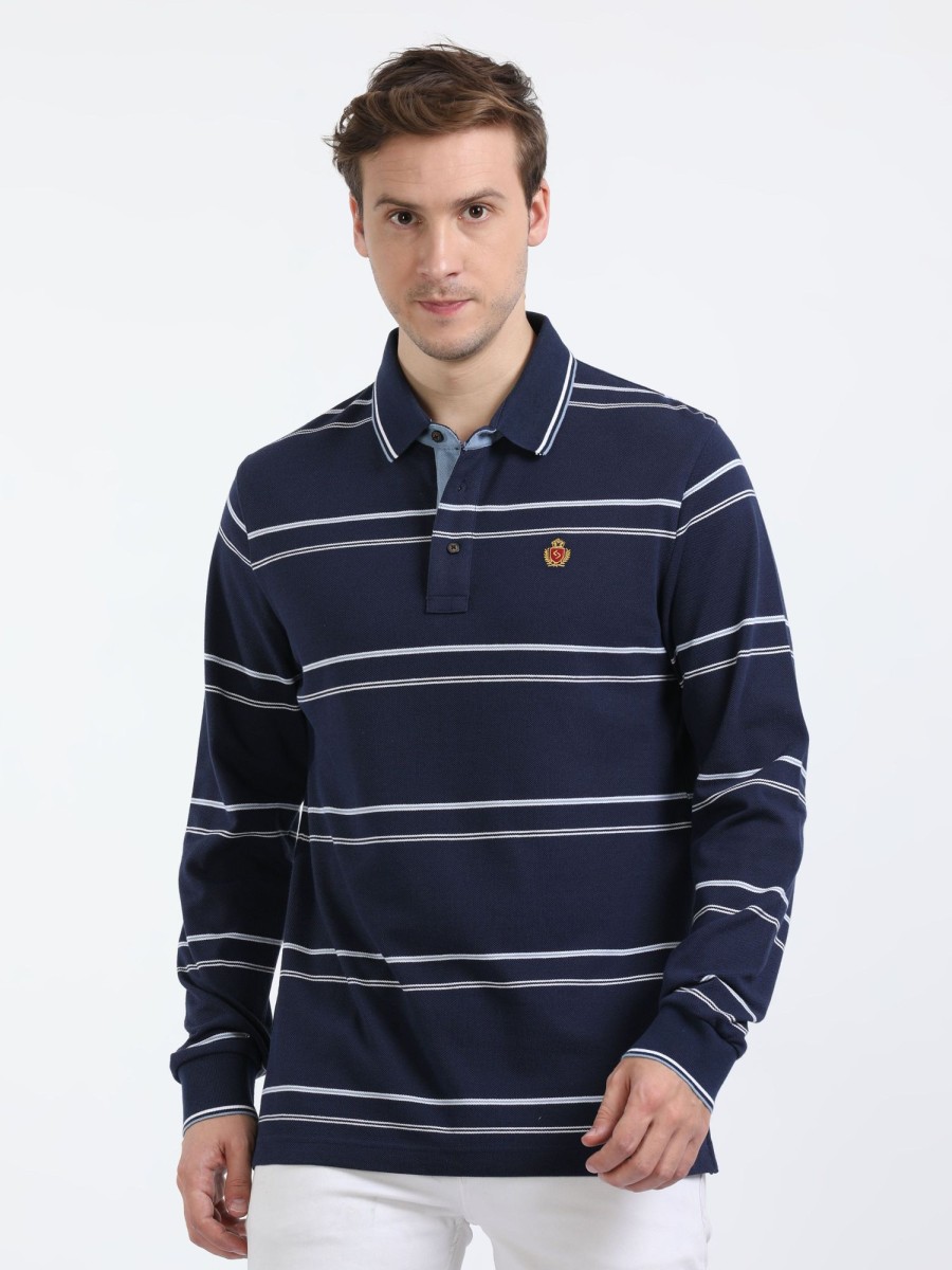 T-Shirts Classic Polo | Classic Polo Mens Cotton Full Sleeve Striped Slim Fit Polo Neck Navy Color T-Shirt | Verno - 333 A Sf P