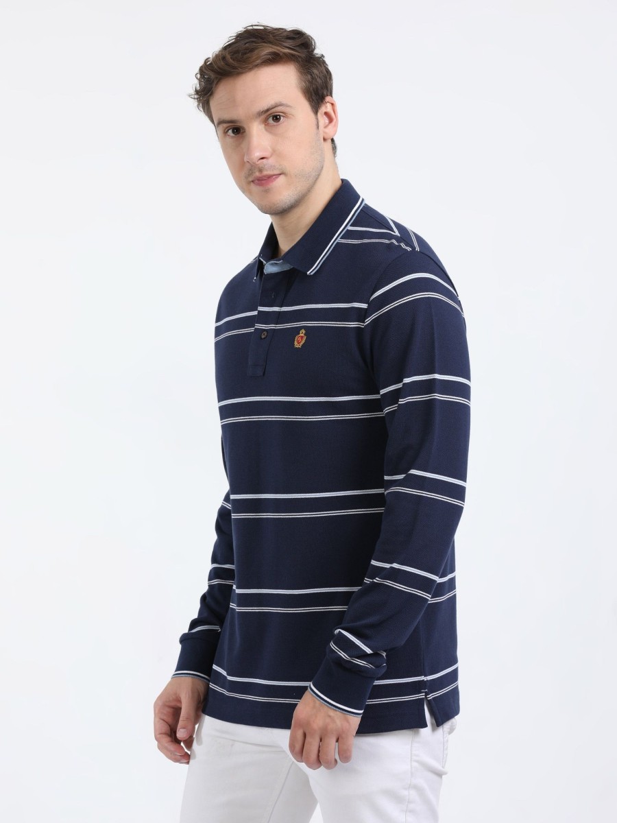 T-Shirts Classic Polo | Classic Polo Mens Cotton Full Sleeve Striped Slim Fit Polo Neck Navy Color T-Shirt | Verno - 333 A Sf P