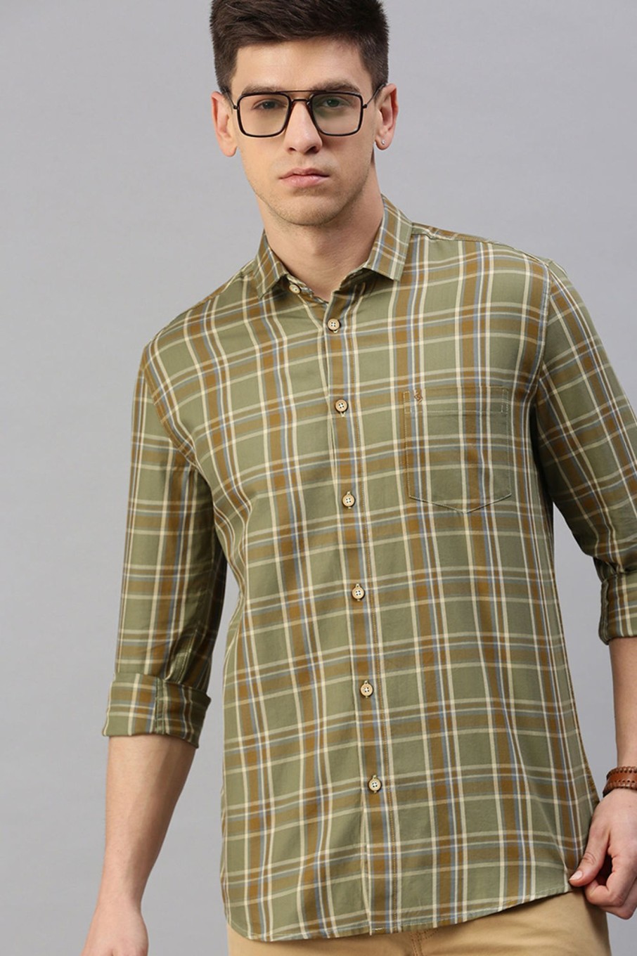 Shirts Classic Polo | Classic Polo Men'S Cotton Full Sleeve Checked Slim Fit Polo Neck Green Color Woven Shirt | So1-161 B